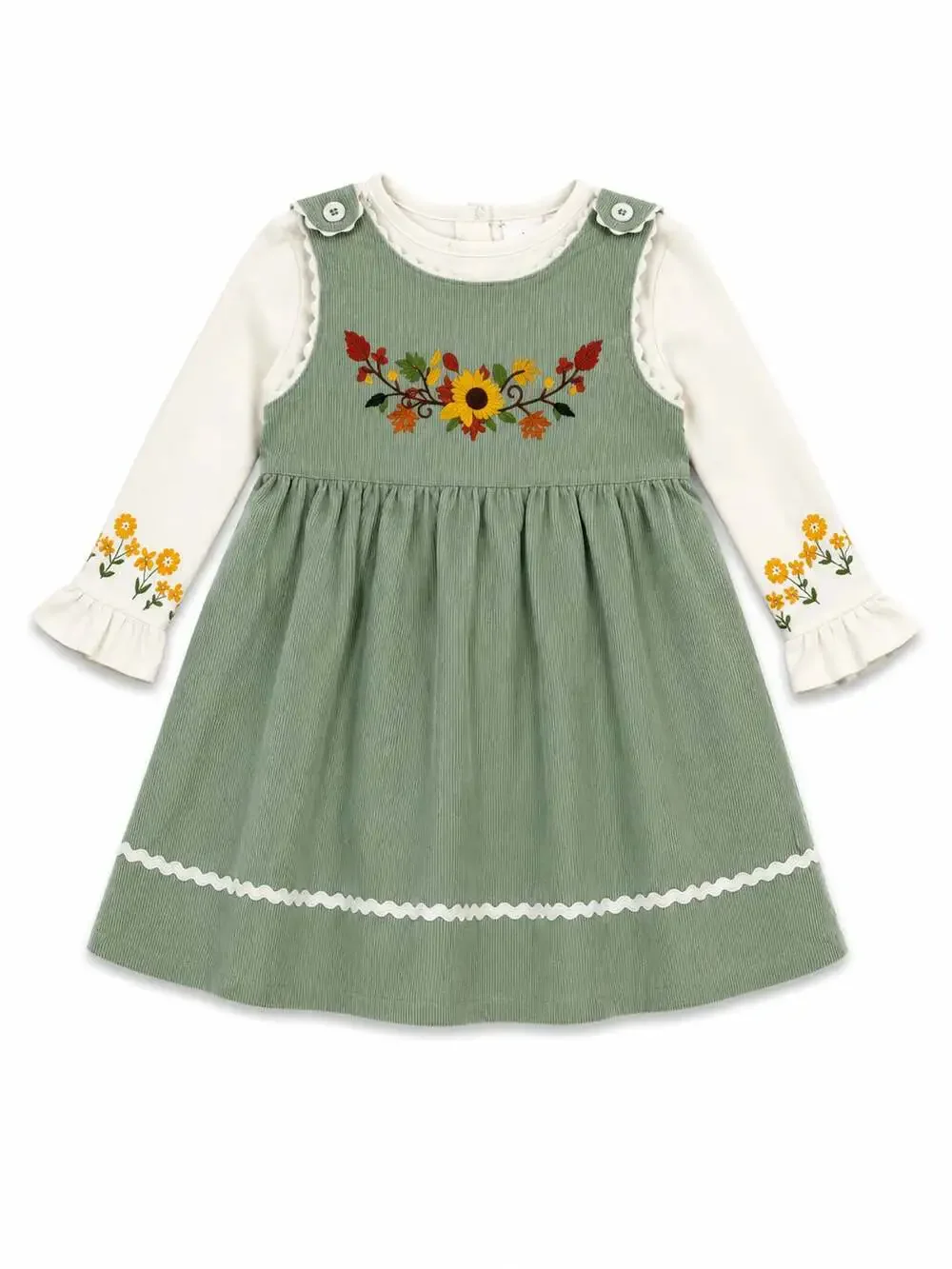 Babyhug Corduroy Sleeveless Frock and Floral Embroidered T-Shirt Set
